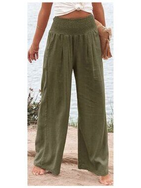 Bella Dahl 100% Linen Fold-Over Elastic Waist Wide Leg Pants Size M Olive Green